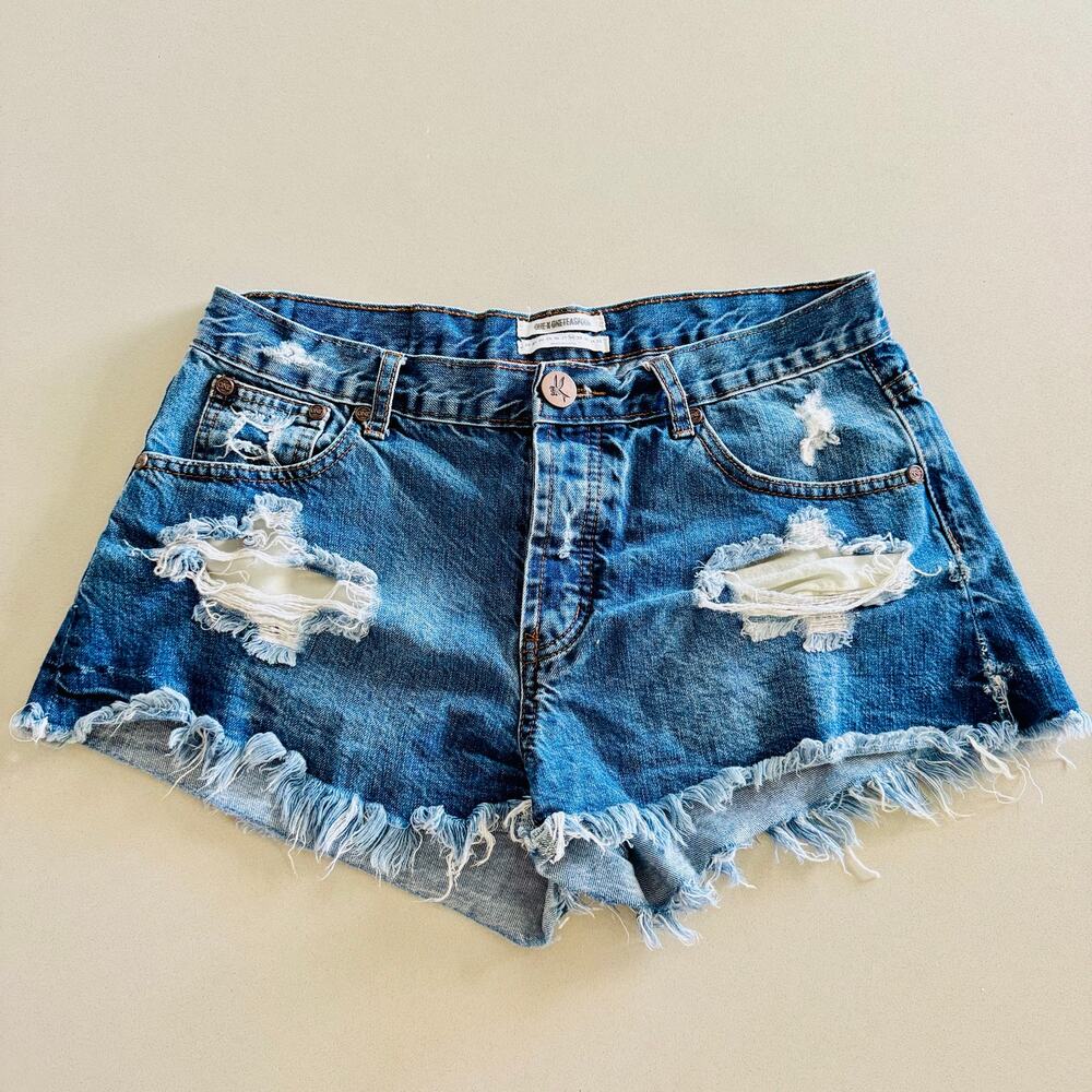 ONE TEASPOON Long Rise Bandits Distressed Dark Blue Wash Denim Cutoffs Short 28